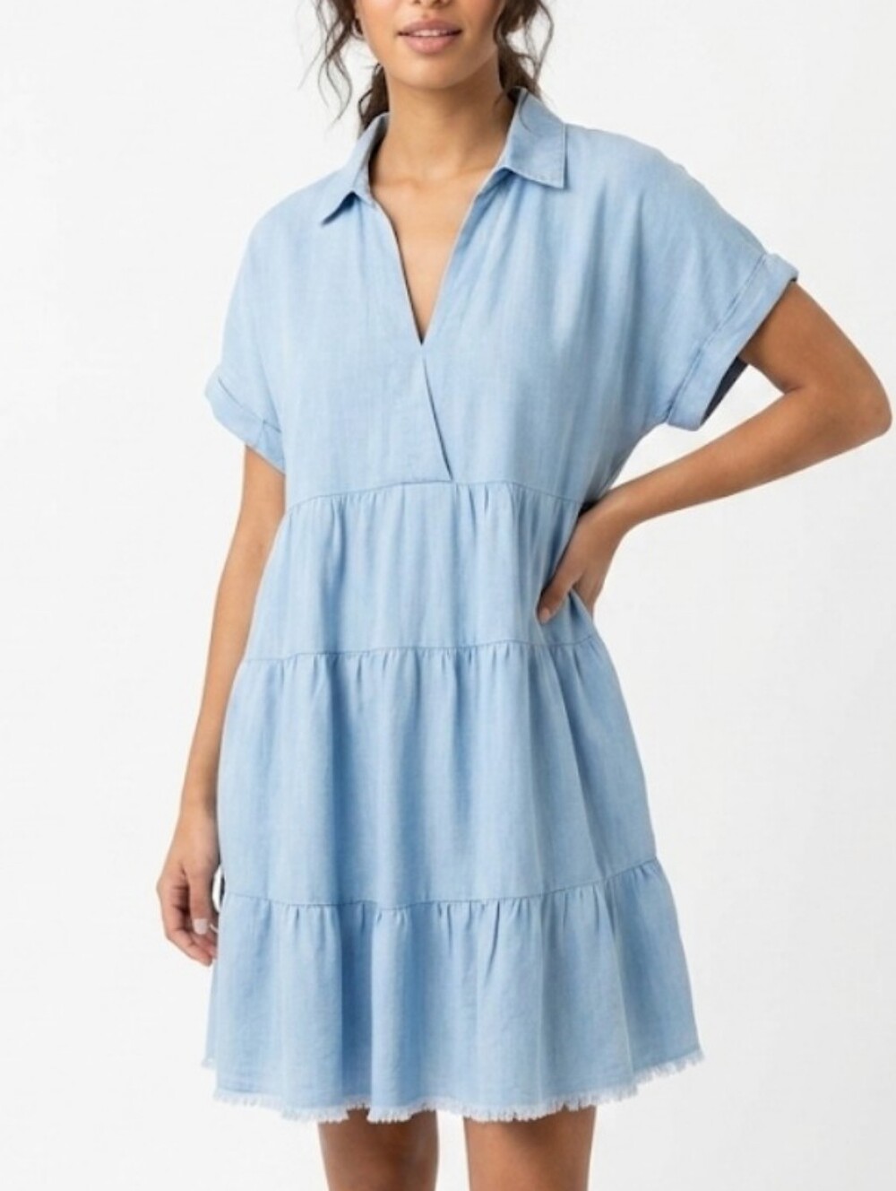 Umgee Blue Collared Tiered Mini Dress Linen Blend Size Large Coastal Chic